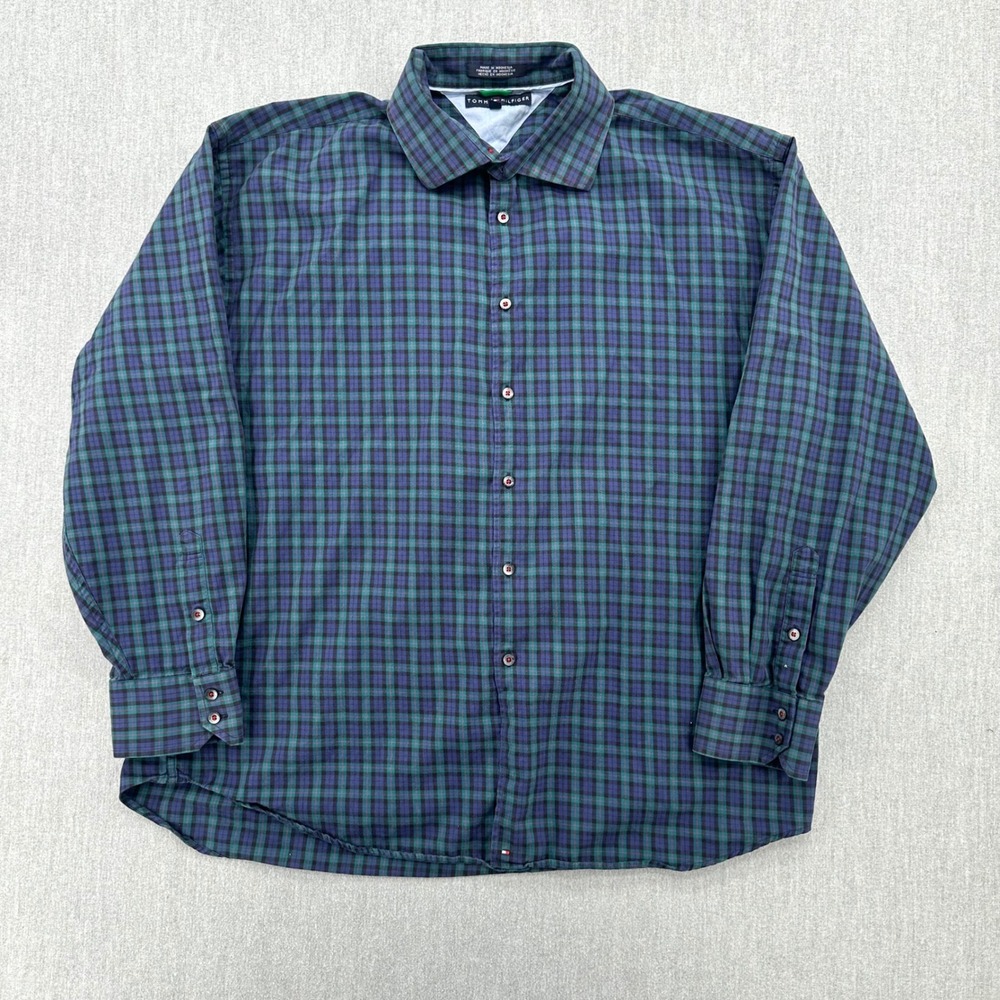 Tommy Hilfiger Button Down Mens XXL Green Blue Plaid Long Sleeve Cotton Shirt